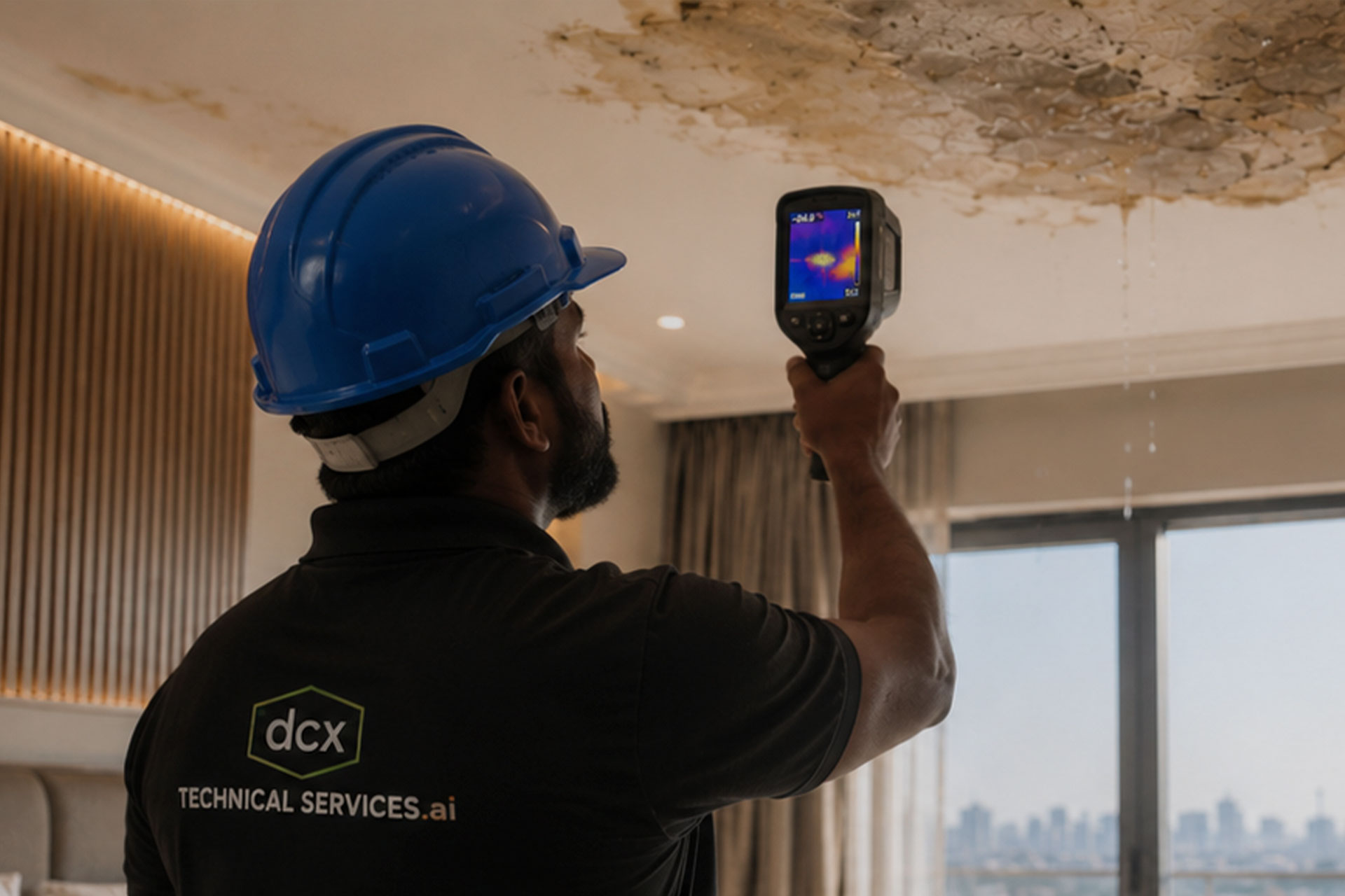 Thermography inspection detecting concealed moisture behind damaged apartment ceiling in Dubai