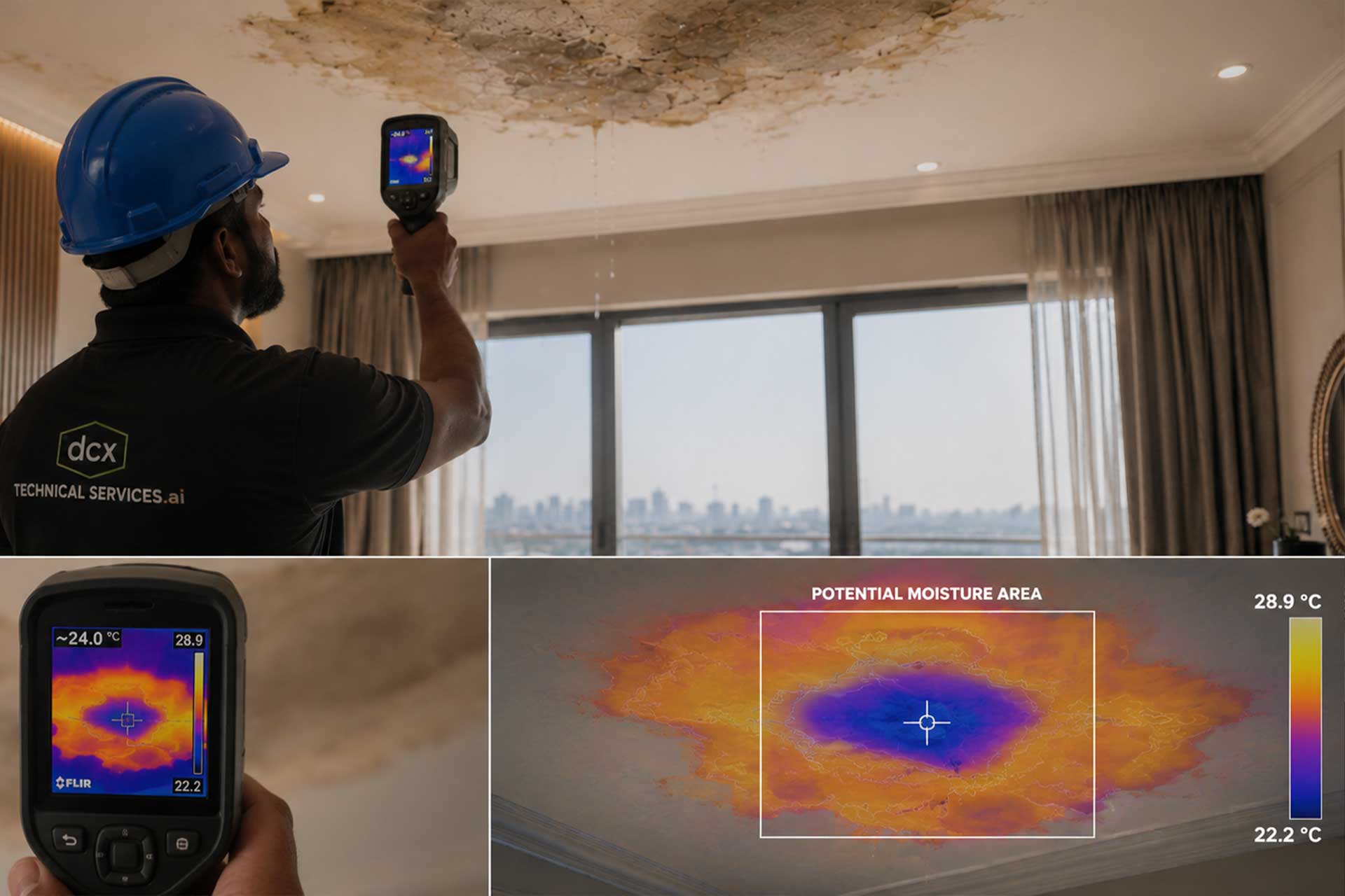 Moisture mapping analysis identifying water ingress patterns within ceiling structure