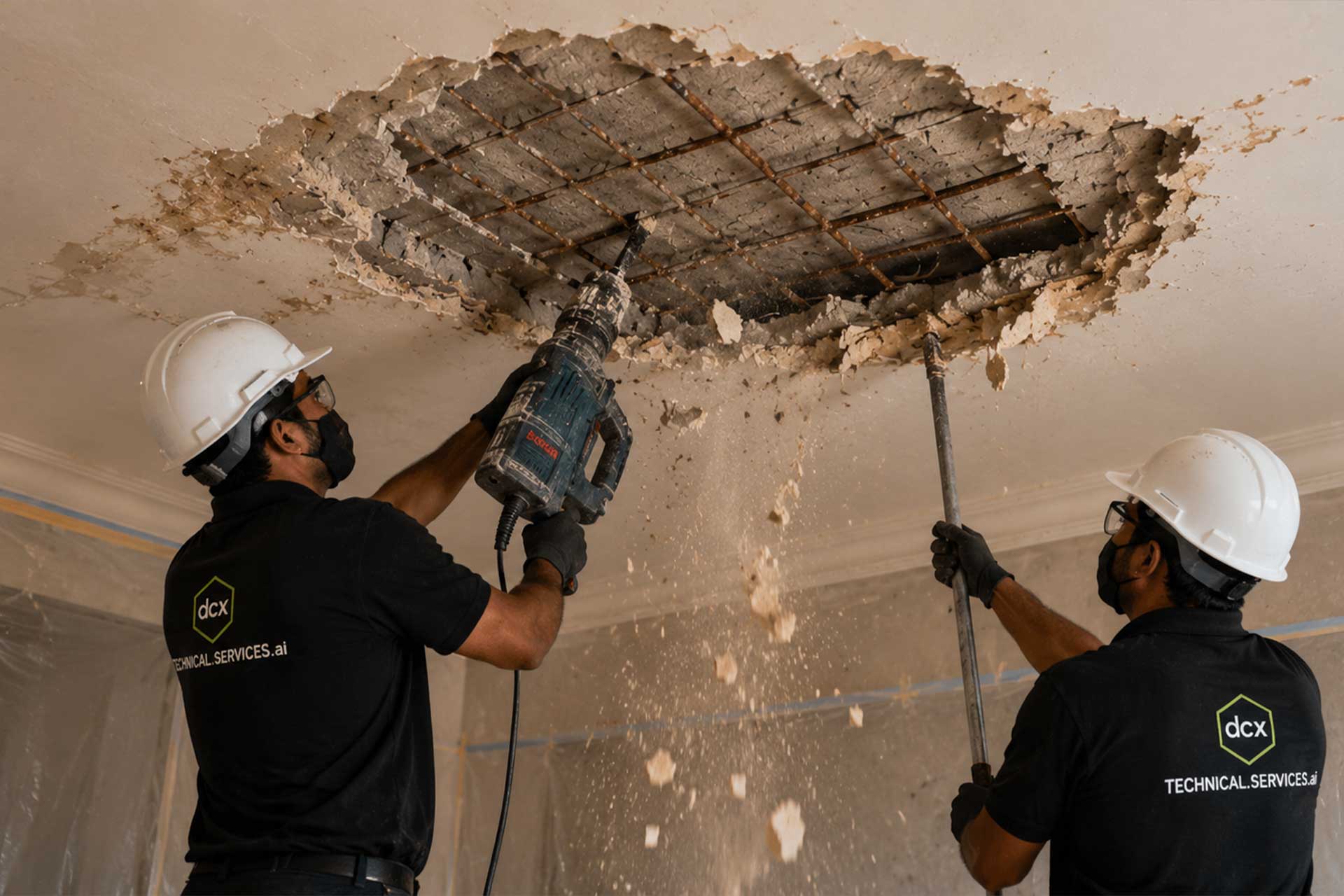Ceiling demolition and concrete exposure during water leak root cause investigation in Dubai