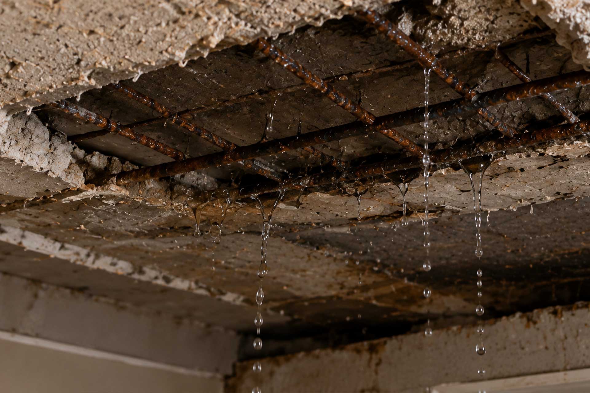 Water penetration through concrete ceiling confirming rooftop waterproofing failure in Dubai apartment