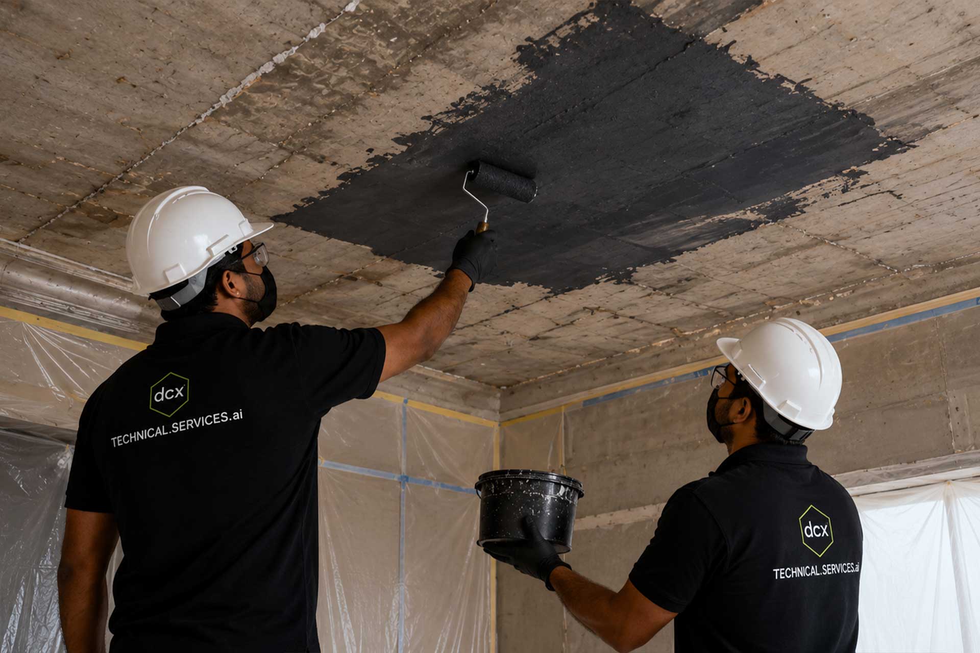 Damaged ceiling plaster restoration following successful water leak repair and waterproofing works