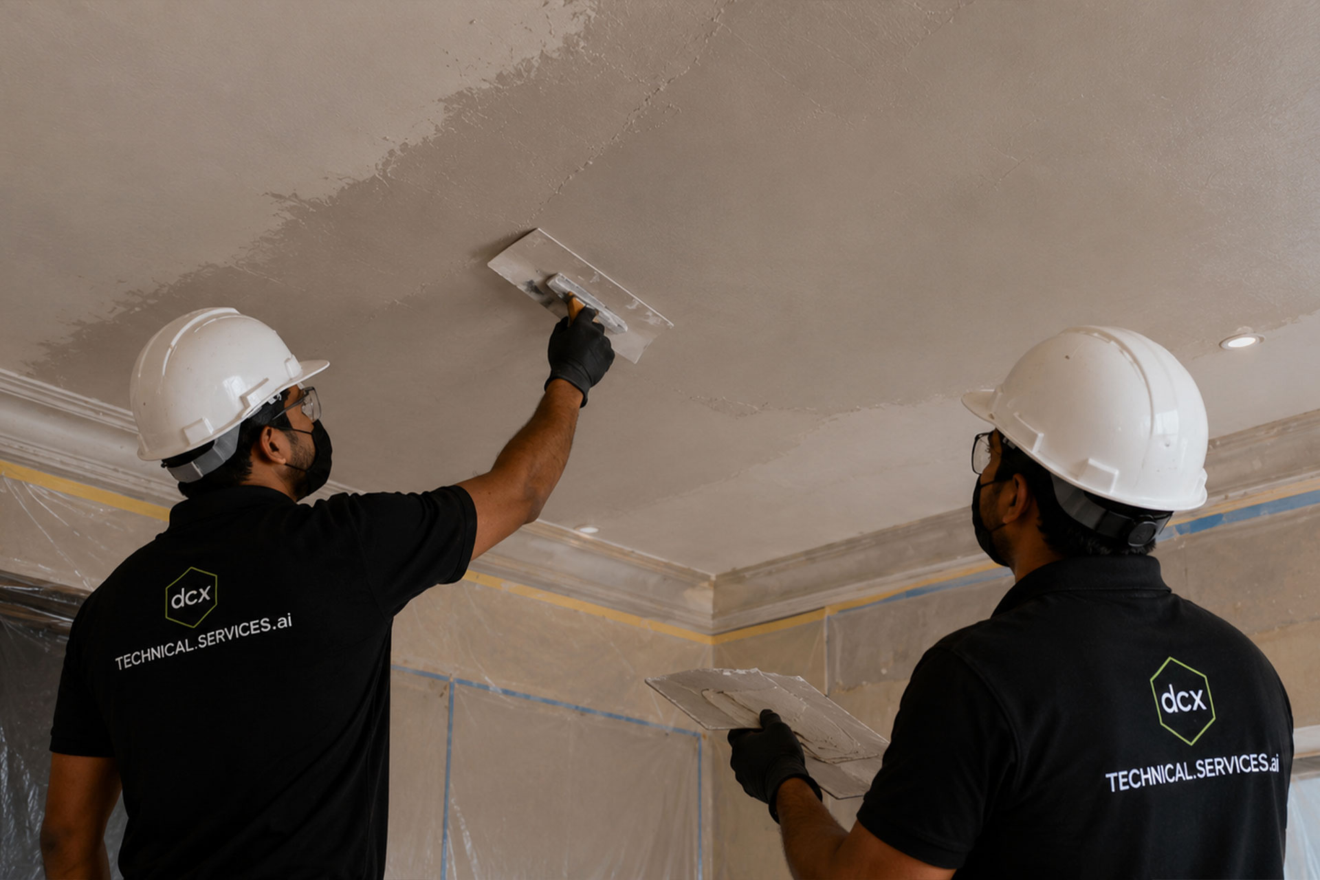 Damaged ceiling plaster restoration following successful water leak repair and waterproofing works