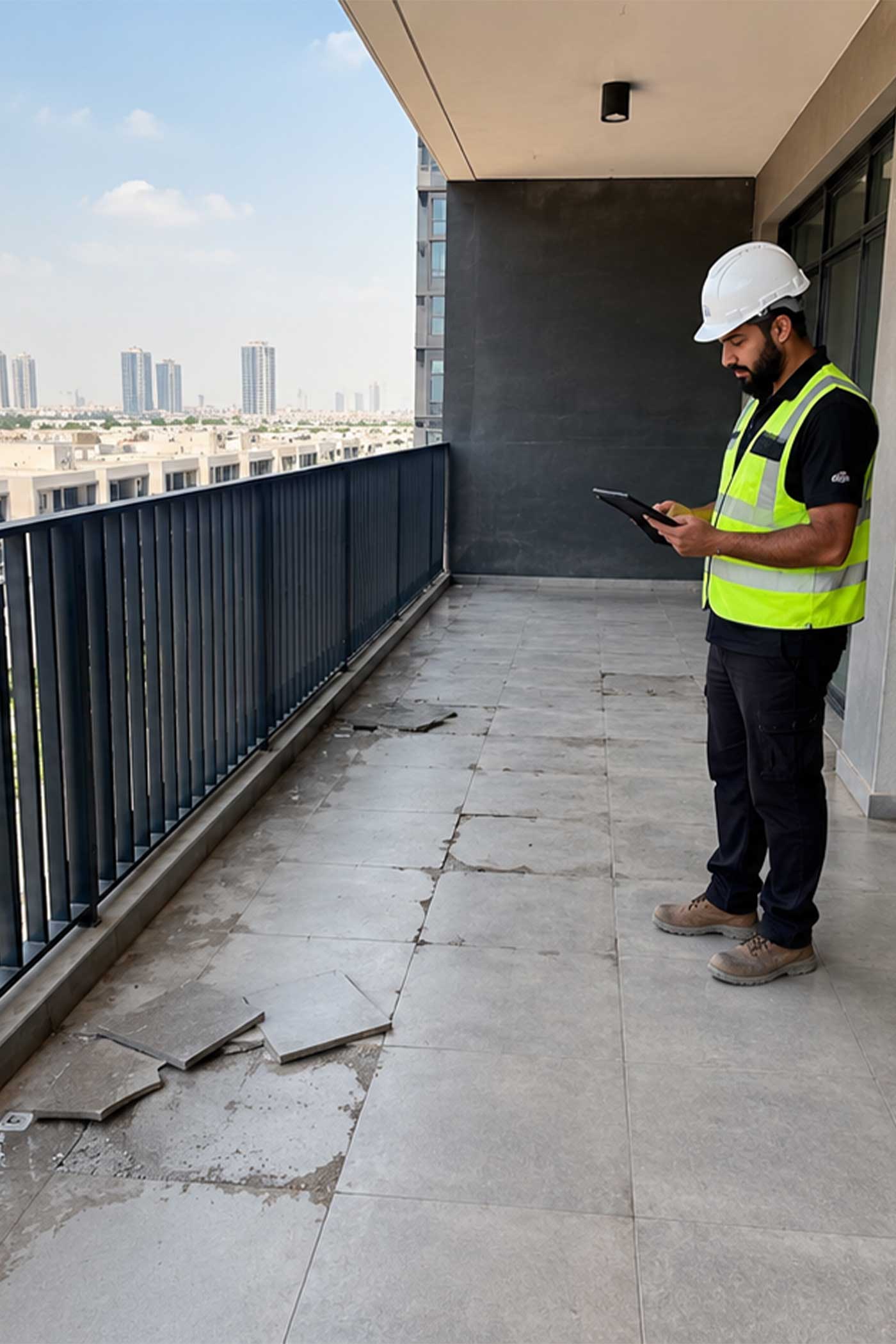 Balcony waterproofing failure showing damaged floor finishes and water ingress conditions before restoration works in JVC Dubai.