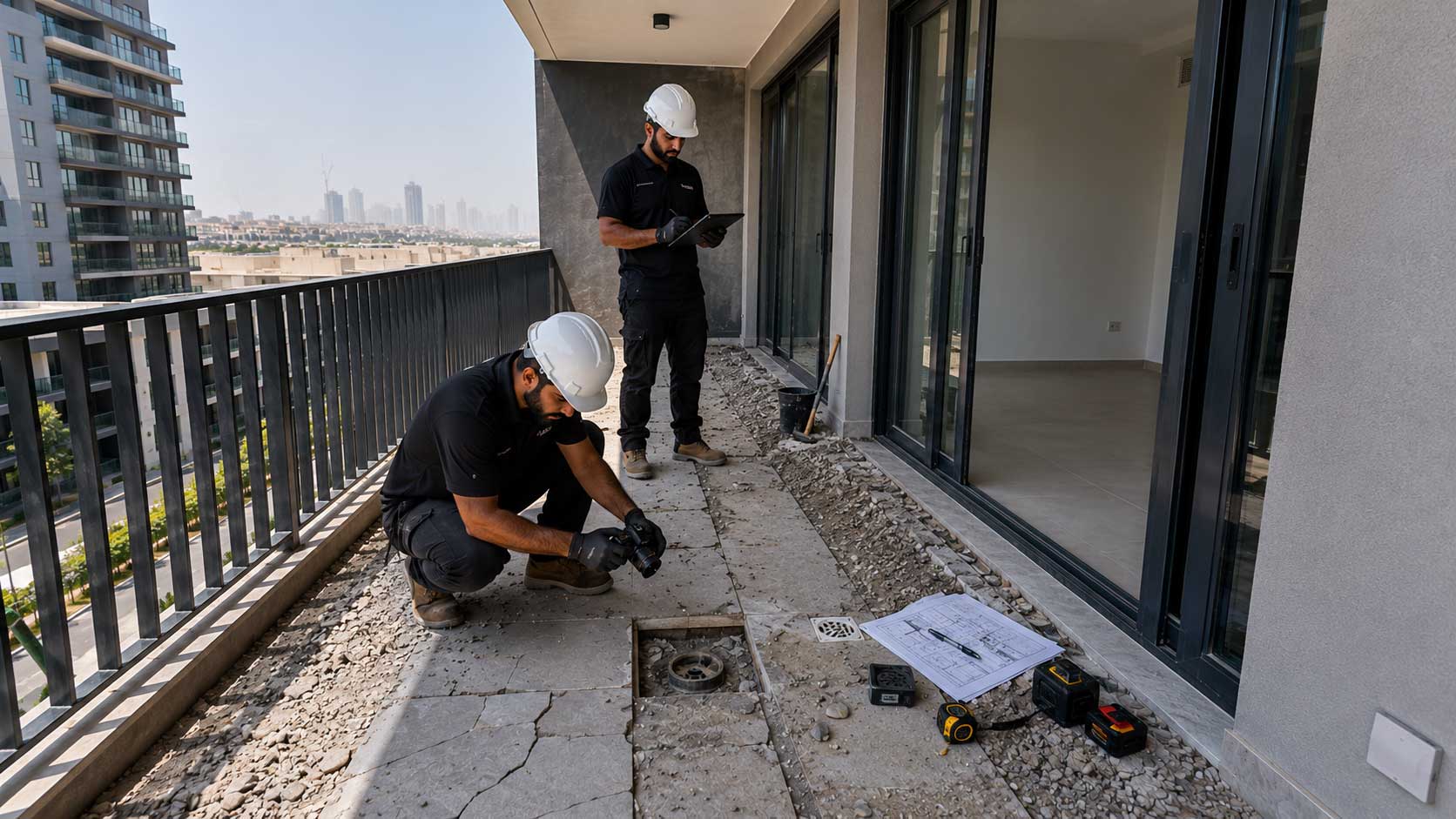 Engineering survey documenting balcony waterproofing defects and drainage failures in residential apartment Dubai.
