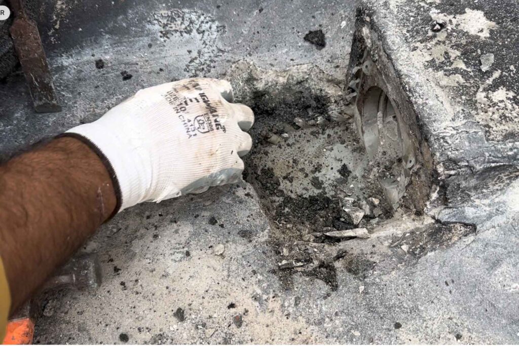 Roof drainage outlet rehabilitation and waterproofing repair works at Omar Bin Al Khattab Mosque in Hatta Dubai to eliminate water ingress.