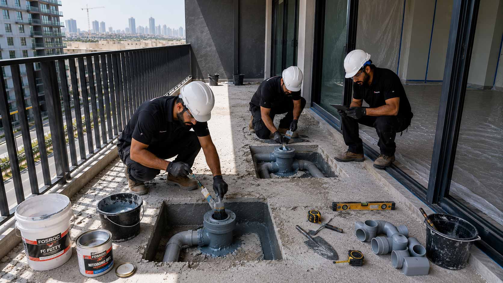 Drain penetrations and critical waterproofing transitions were treated using bonding agents and repair compounds to create a continuous waterproof barrier.