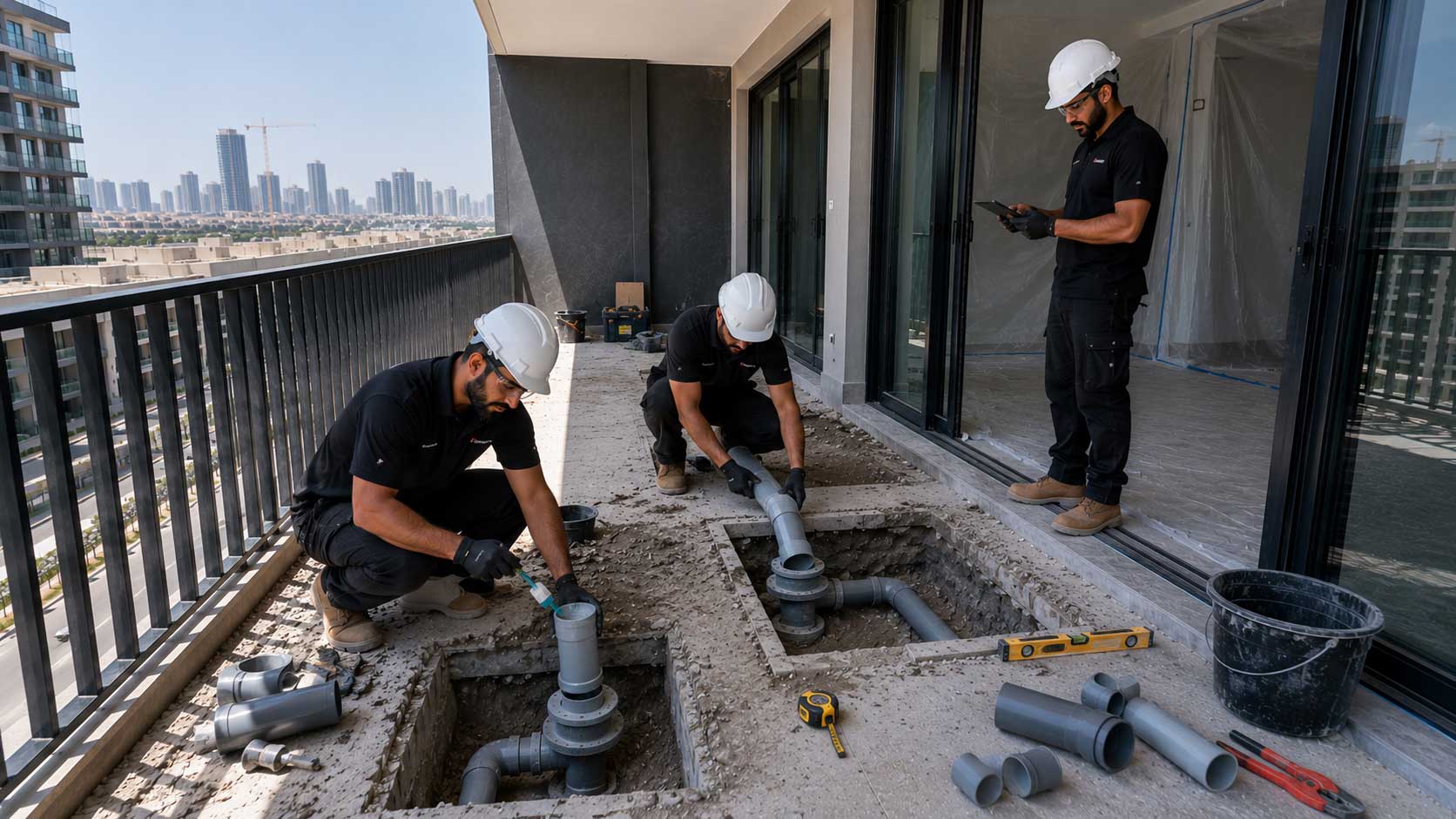PVC drainage pipe replacement works during balcony waterproofing restoration in JVC Dubai apartment.