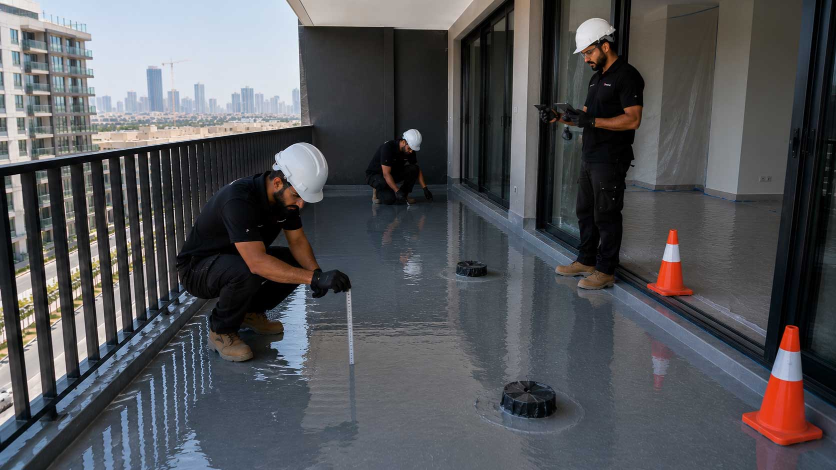 Flood testing completed waterproofing system on luxury apartment balcony in Dubai.