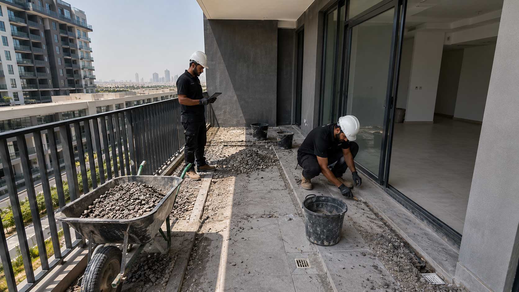 Technicians removing balcony gravel to expose drainage outlets during waterproofing investigation in Dubai apartment.