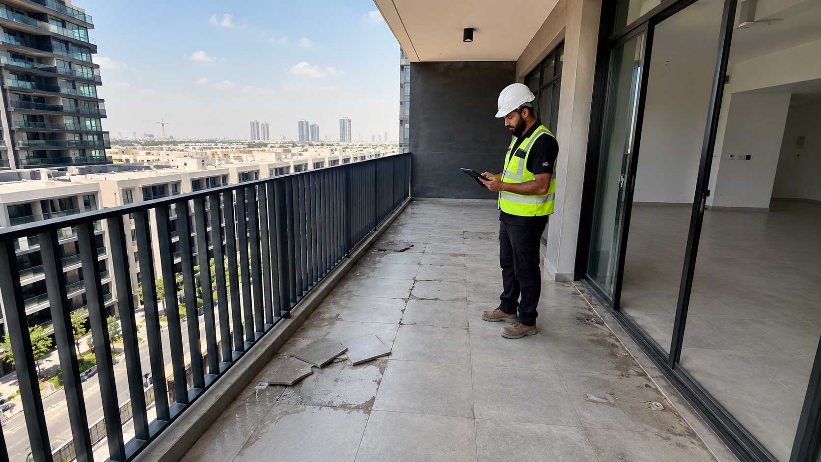 Balcony waterproofing failure inspection at luxury apartment in JVC Dubai showing cracked porcelain tiles and drainage assessment.