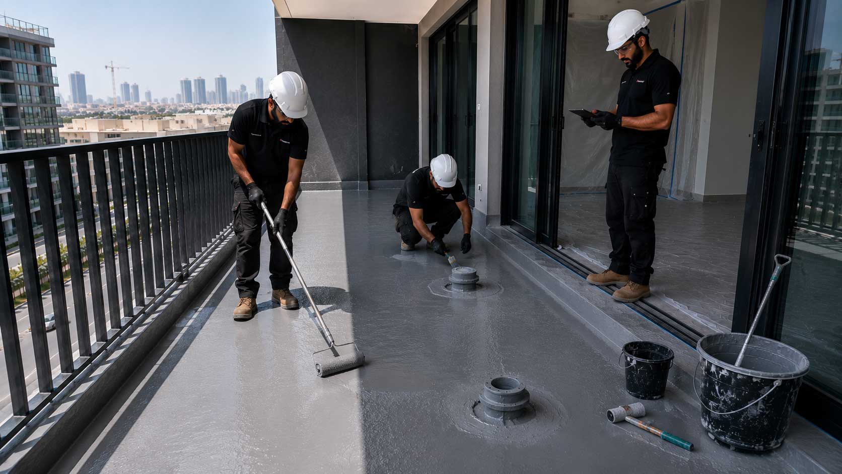Application of liquid waterproofing membrane on apartment balcony floor in JVC Dubai.