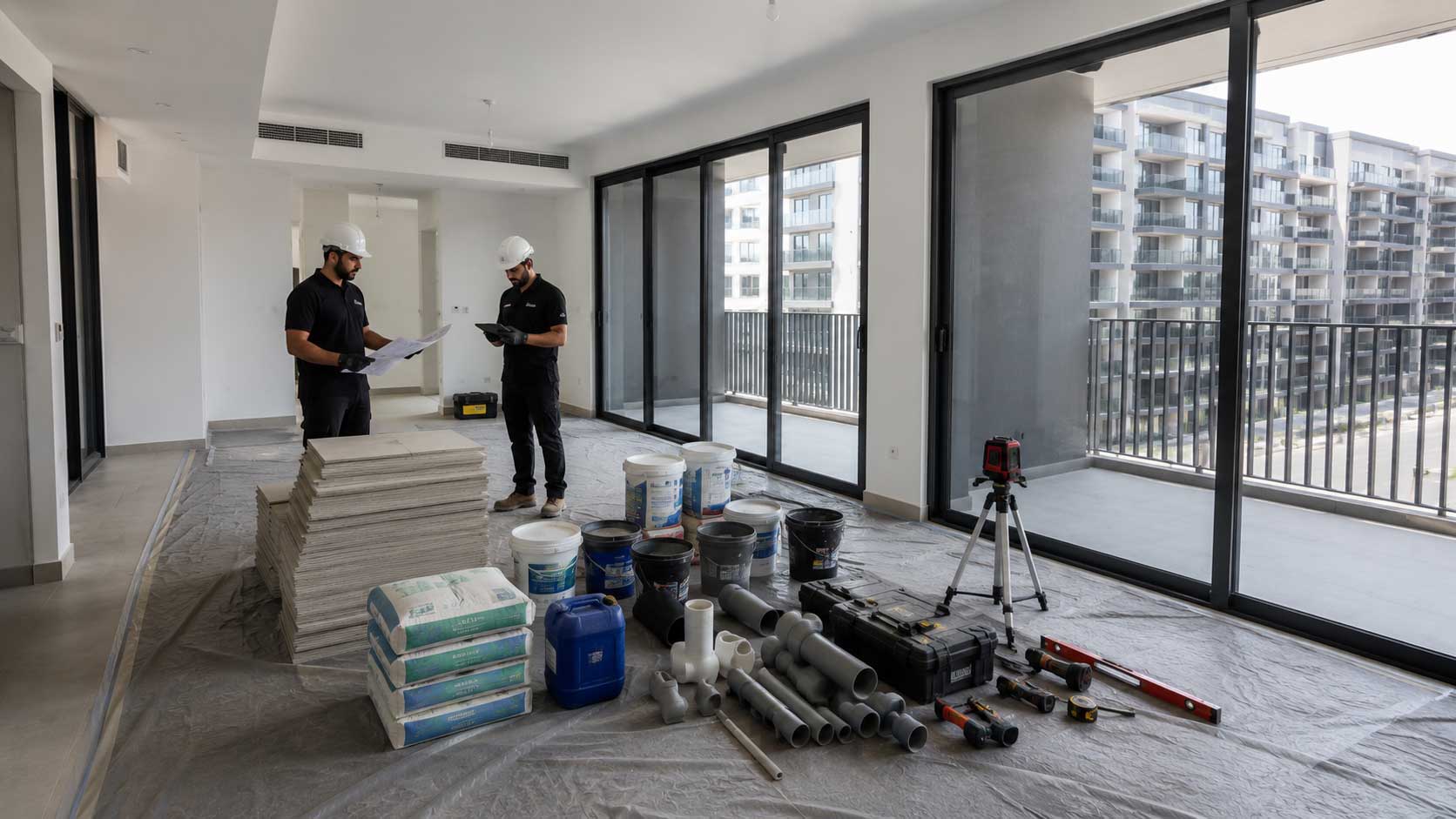 Balcony waterproofing restoration materials staged inside luxury apartment during waterproofing works in JVC Dubai.