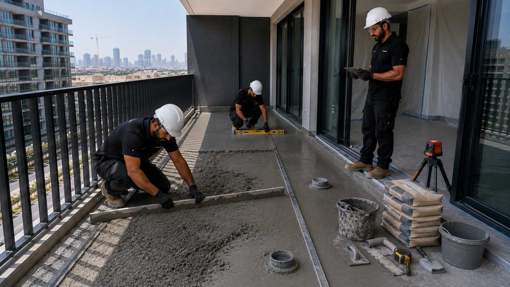 Balcony screed reconstruction with drainage slope formation during waterproofing restoration in Dubai.