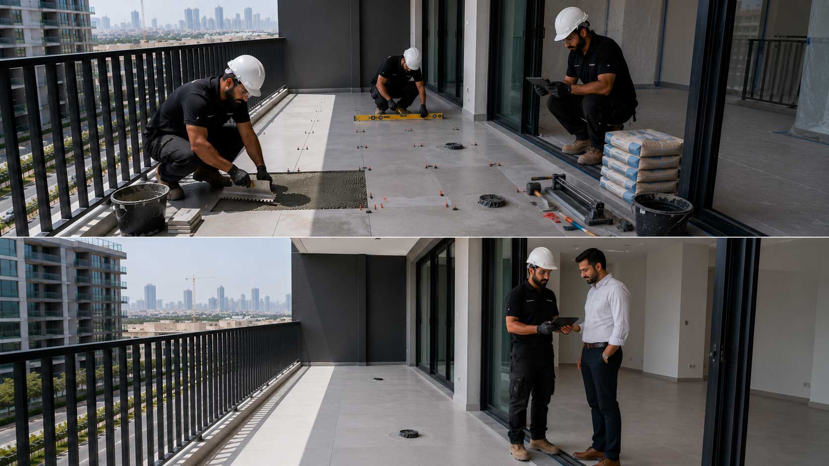 New outdoor porcelain tiles were installed using premium tile adhesive systems. Following final inspection and quality verification, the balcony was handed over to the property owner.