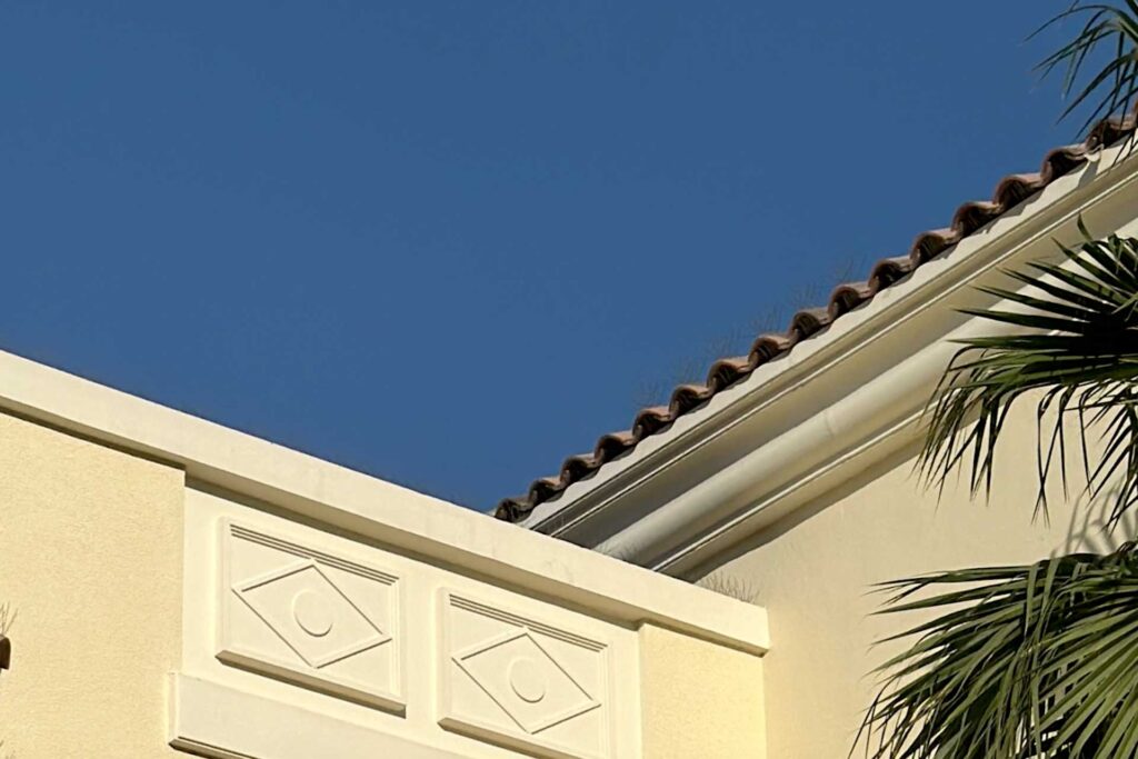 Roof waterproofing investigation at a luxury residential villa in Morella Village, Dubai Sports City showing the roof structure before waterproofing restoration.