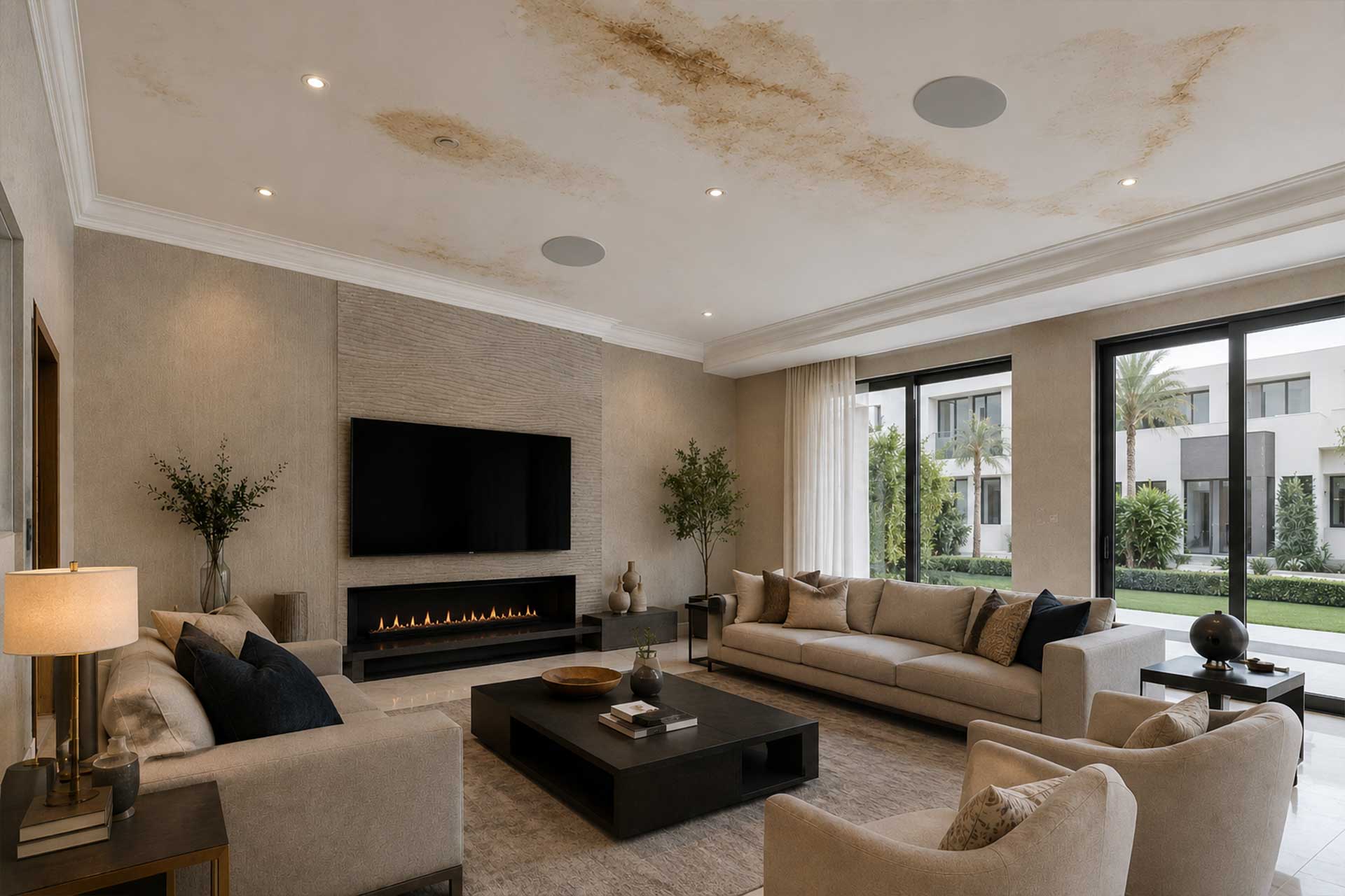 Luxury villa living room affected by roof water leakage before waterproofing investigation and restoration in Dubai.